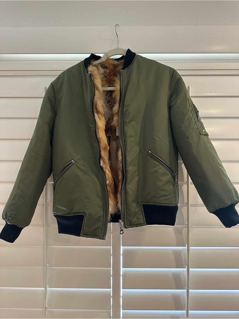 Alice + Olivia Olive Green Bomber Jacket with Faux Fur Lining